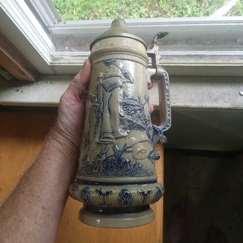 1890s WHITE'S UTICA POTTERY BIG 12" BEER STEIN DRINKING MAN WITH WOMAN SCENE