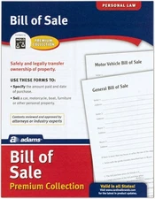 Adams Bill of Sale Forms Pack, Includes 2 Motor Vehicle 8.5 x 11 inch, White 