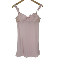 Flora Nikrooz Womens Mini Gown L Pink Chiffon Babydoll Ruffle Hem Bow Lingerie