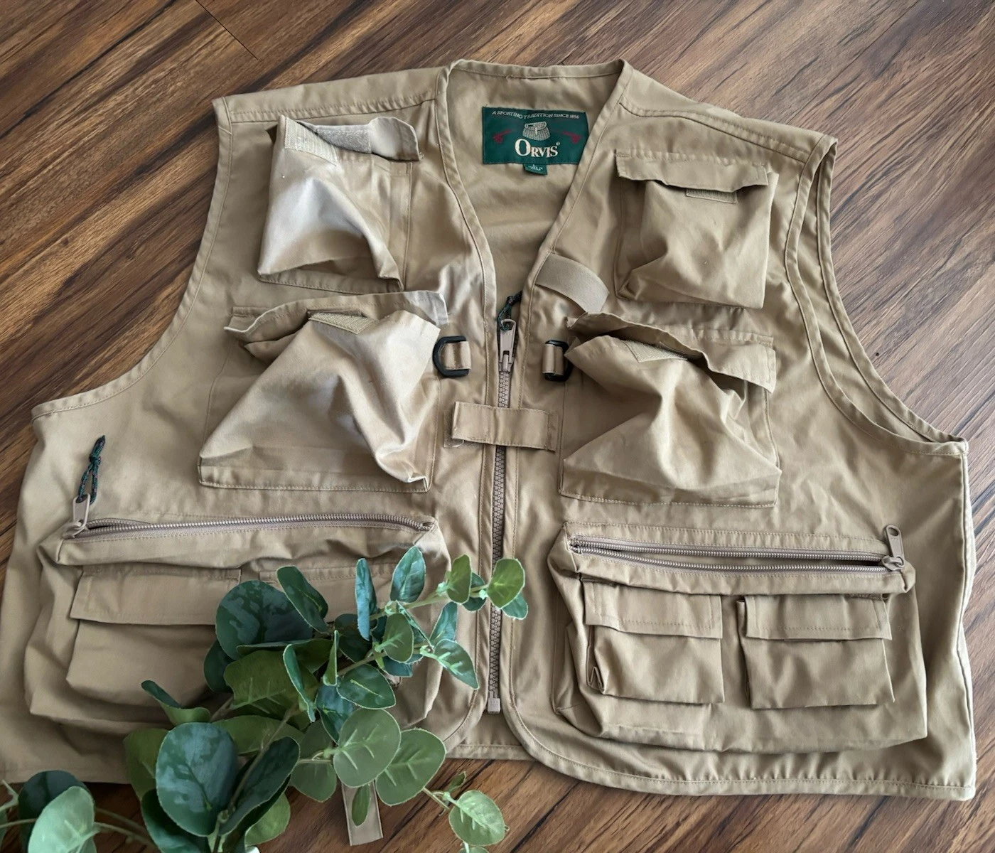 Vintage Orvis Vest Mens Large Fly Fishing Safari Utility Multi Pocket Zip Beige