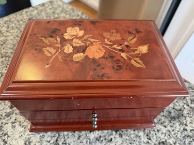 Mele & Co Brayden Wooden Jewelry Box Floral Inlay Mirror 3 Sections Lined Vintag
