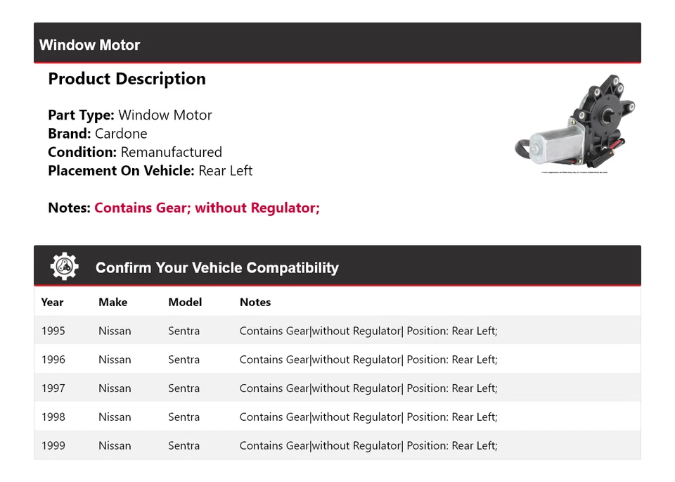 Motor ventana trasero izquierdo cardone 1996 1997 1998 Nissan Sentra 1995-1999 Foto 2 de 4