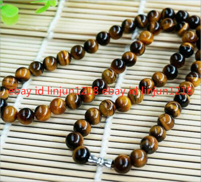 Natural 8mm Yellow Tiger's Eye Gemstone Bead Round Necklace 18'' AAA