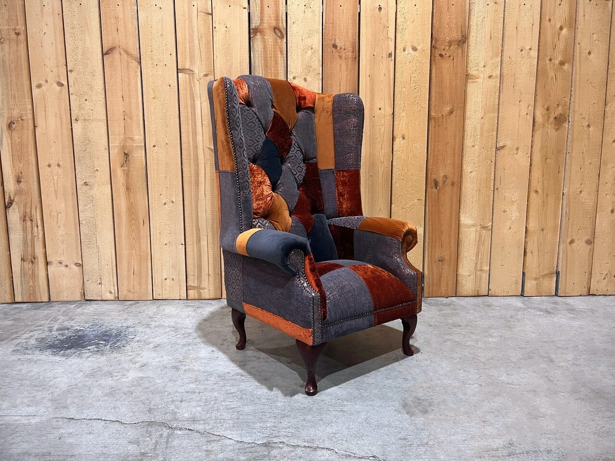 HANDMADE UNIQUE ORANE GREY VELVET CHESTERFIELD WING CHAIR HIGH
