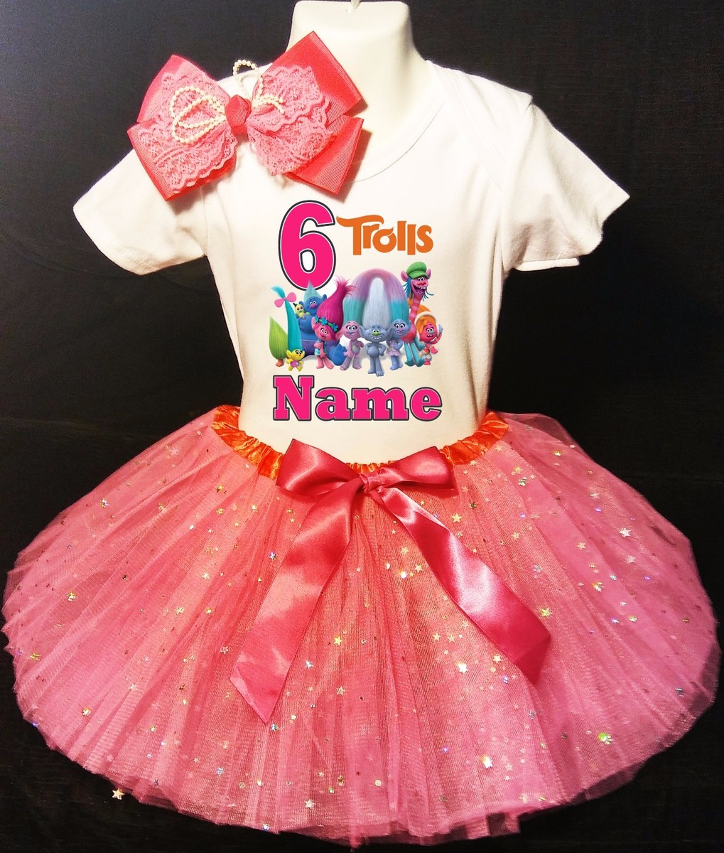 trolls birthday party dress Troll tutu set-troll outfit-trolls dress-Trolls birthday(Deluxe) Pink Toes & Hair Bows