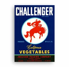 Vintage 1940’s American Vegetables Crate Label Challenger cowboy FREE UK P&P