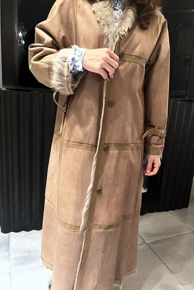 Brezin Cuir reversible Leather Mink Fur Belted Long Coat Made In