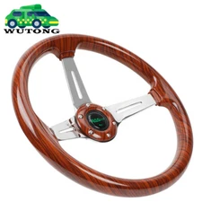 14" Universal 3" Deep Dish Wood Grain Chrome 3 Spokes Steering Wheel 345mm