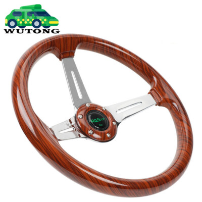 14'' Universal 3'' Deep Dish Wood Grain Chrome 3 Spokes Steering Wheel 345mm