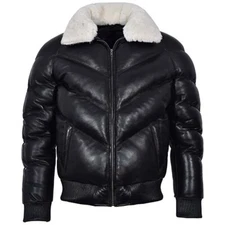 Men's Bubble V Bomber Sheepskin Leather Jacket With Fox Fur Collar Coat 