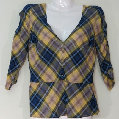 Express Yellow & Blue Plaid V-Neck Button Peplum Top Small NWT 