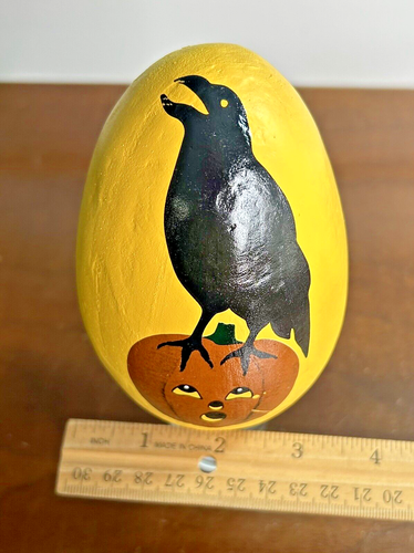 ESC & Company Hand-painted Paper Mâché Halloween Yellow Egg Crow Pumpkin 5x3" - Picture 7 of 7