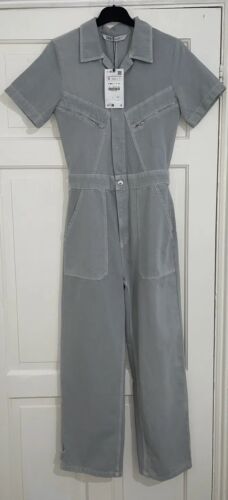 ZARA BLUE GREY COLLARED STRAIGHT LEG SOFT COTTON JUMPSUIT WITH POCKETS SIZE S - Picture 1 of 10