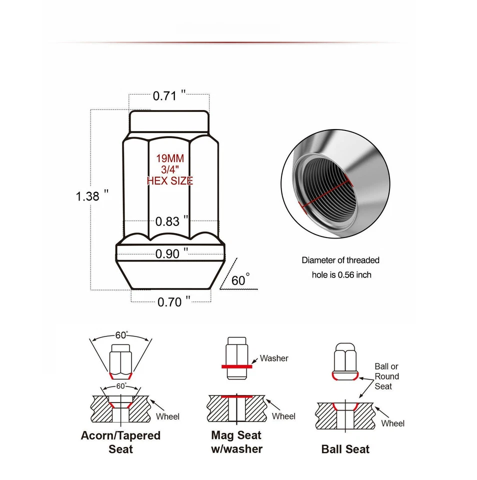 20pc Fits Ford Chrome ¾" Hex Conical Seat 1/2-20 Wheel Lug Nuts Bulge Acorn - Image 3 of 4