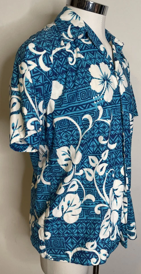 Camisa masculina branca azul havaiana real vintage XL hibisco tropical botão frontal - Imagem 4 de 4