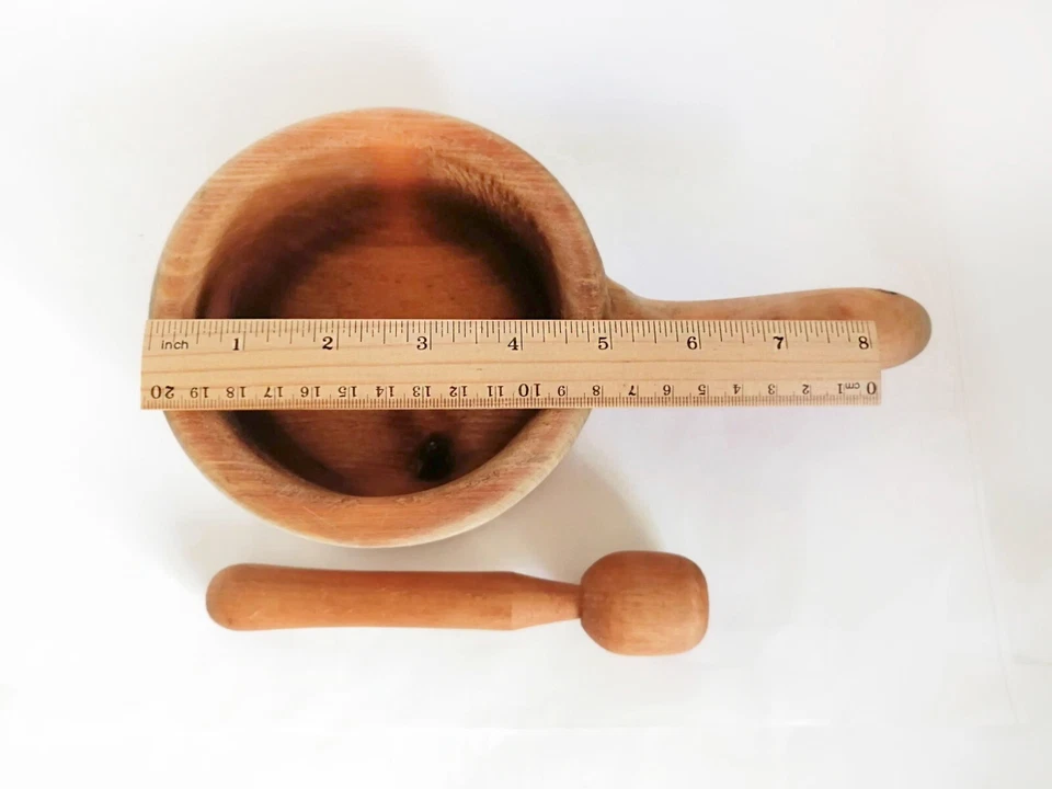 Mortero y mortero de madera vintage grande con mango cocina especias hierbas molinillo Foto 4 de 4