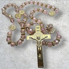 Grand chapelet religieux de prière 21" perles de verre à facettes rose et or