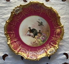 LIMOGES ANTIQUE HP CABINET PLATE GAME BIRDS PINK GILT STRAWBRIDGE & CLOTHIER