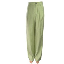 Zara Womens Green High Waisted Pleated Straight Wide Leg Trousers Dress Pants XS