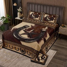 Western Cowboy Bedspread Queen Size,Texas Star Horseshoes Rustic Coverlet Set...
