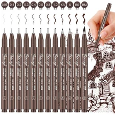 Bianyo Sepia Tone Drawing Pen Set, 12 Assorted Sizes Sketch Liner, Water-Resi...