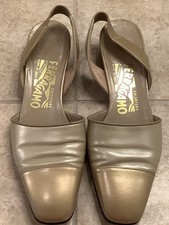 Salvatore Ferragamo Beige Gold Leather Slingback Flats Size 6B Made in Italy