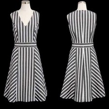NEW J. Crew Black & Off-White V-Neck Striped Sleeveless Fit & Flare Dress - 2