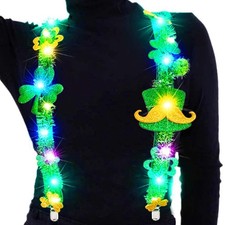 LED St.Patrick's Day Suspender Light Up Mens Suspenders Shamrock Clover Green
