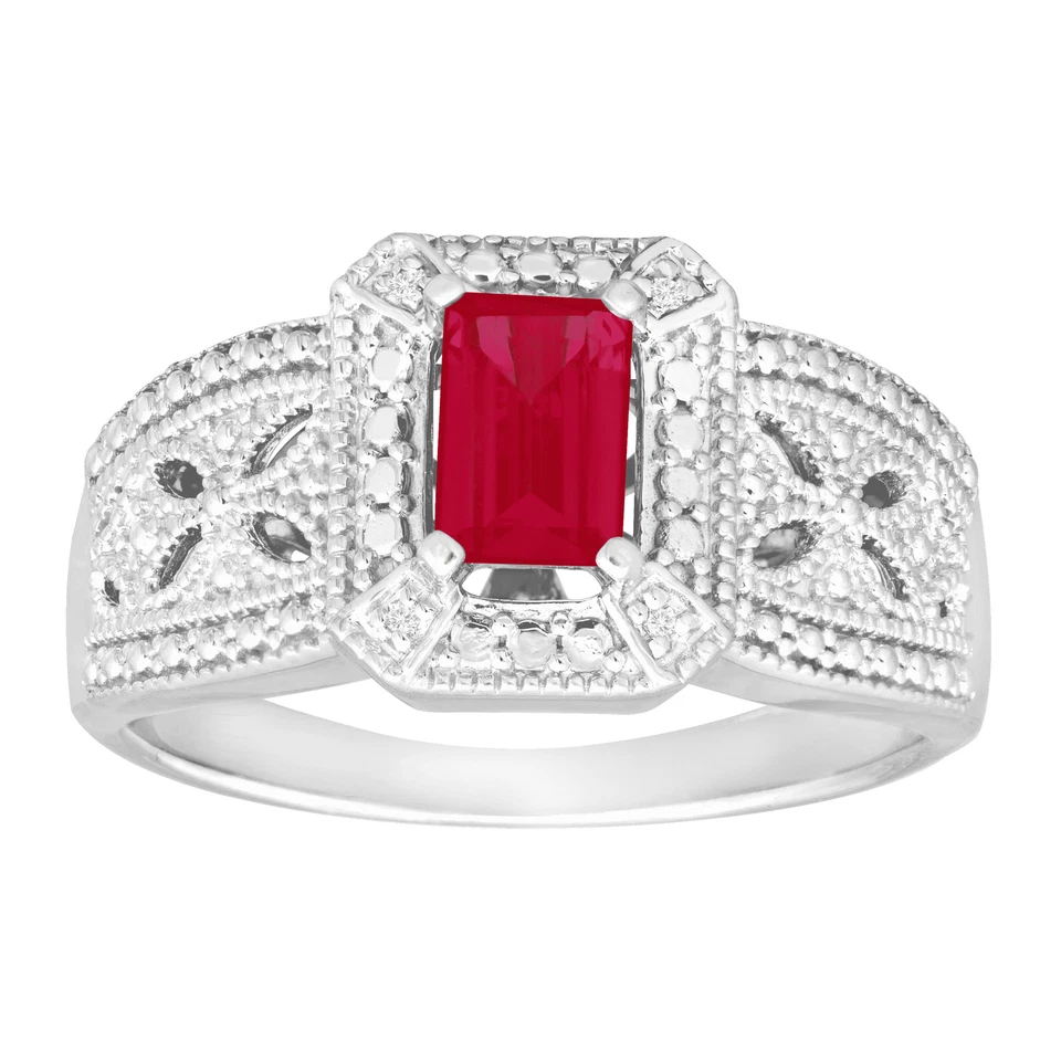 Anillo de rubí creado por Finecraft de 3/4 quilates con diamantes en plata de ley