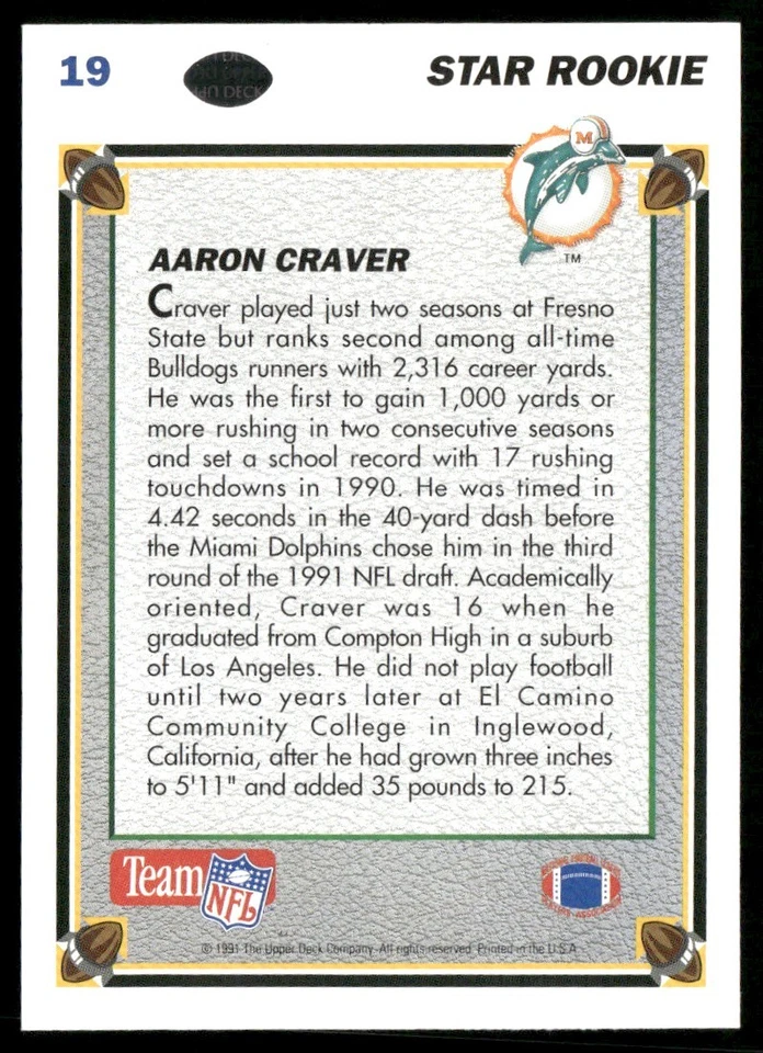 1991 UPPER DECK AARON CRAVER RC MIAMI DOLPHINS #19 - Image 2 of 2