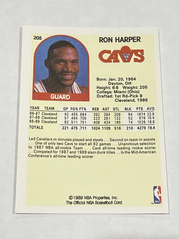 1989-90 Hoops Basketball #205 - Ron Harper - Cleveland Cavaliers - Image 2 of 2