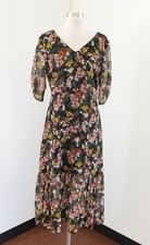 Ann Taylor Black Multi Color Metallic Floral Midi Dress Sz 6 Tea Pink Green Boho