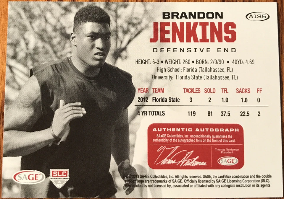 2013 SAGE HIT Autographs Gold Brandon Jenkins #A135 #’d 003/250 - Image 2 of 2