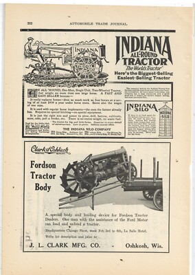 1919 J.L. Clark of Oshkosh Ad: Fordson Tractor Body Loader - Indiana Silo Co. Ad