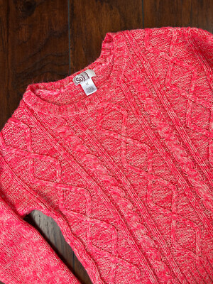 SO Women s Juniors Bright Neon Pink Crew Neck Cable Knit Sweater Size M Medium