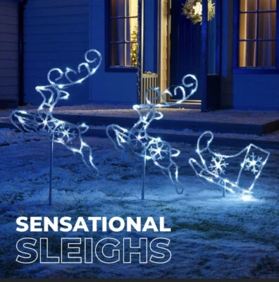 EGL Christmas Acrylic Reindeer & Sleigh Set 72 LED Ice White Lights Decoration