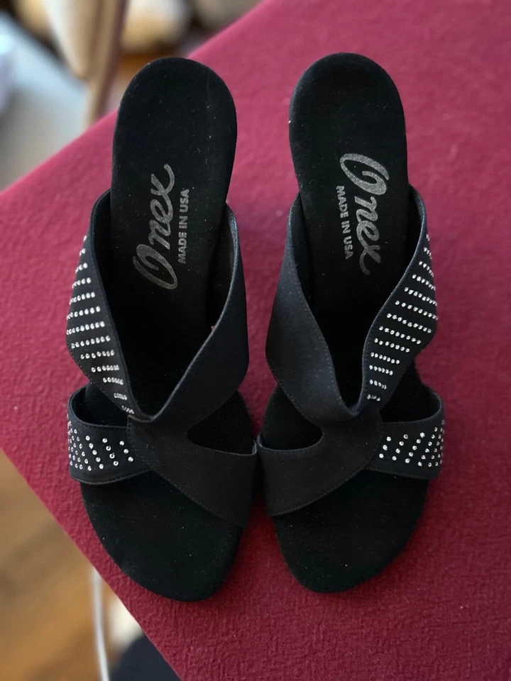 Onex Negro Cromo Plateado Elástico Cuña Cuña Tacones Italia 8.5 39 Tachonado Foto 2 de 4