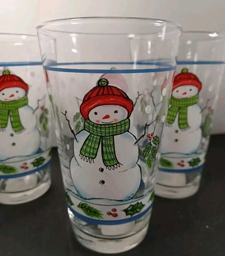 4 Libbey Snowman With Holly Tumblers, 6 "