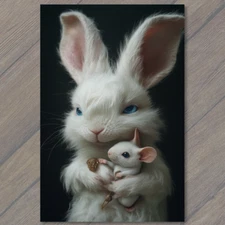 4x6"  Fluffy Bunny Holding Tiny Mouse Jewelry Elegant Fantasy Whimsical