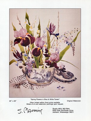 S. MANNING Art Gallery Exhibit ~ Spring Flowers in Tureen ~ VTG PRINT AD ~ 1990
