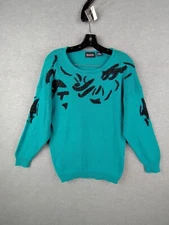 VTV Beautifully You Womens Sweater Blue Silk Angora Pullover Beaded Retro Glam