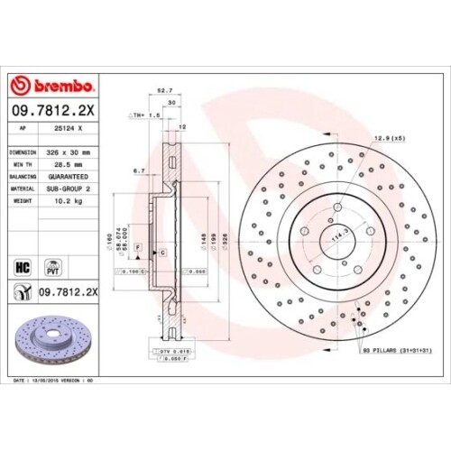 1X  Disco Freno Brembo 09.7812.1X  Xtra Line - Xtra per Subaru Assale Anterio