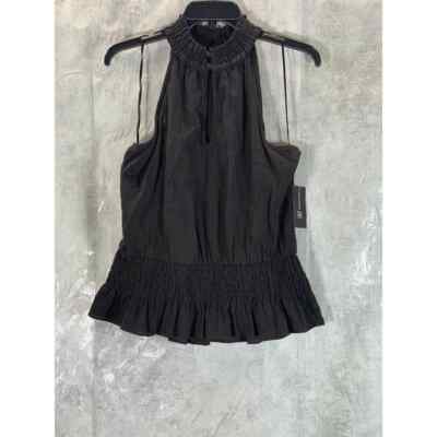 INC International Concepts Women's Deep Black Smocked Cotton Halter Top SZ M