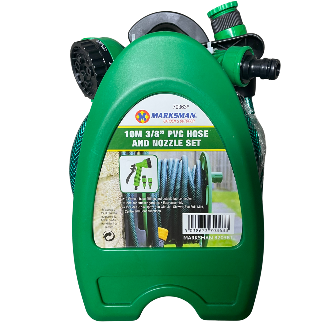 10M PVC HOSE AND NOZZLE SET 3/8"" Garden Hose Pipe Reel Set Spray Gun + Connector