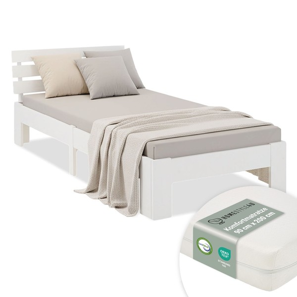 Holzbett 90X200 Weiß Lattenrost & Matratze – Einzelbett Jugendbett – Homestyle4U-image