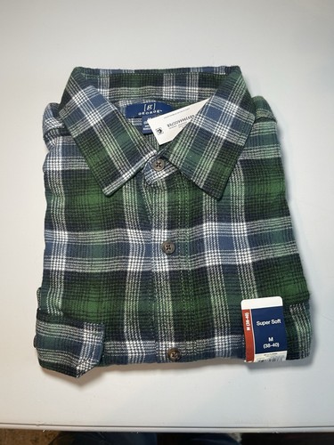 NWT Men George Button Long Sleeve Medium Cotton Blend Flannel Shirt Green Plaid
