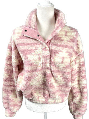 H&M Pink Aztec Western Print Teddy Sherpa Pullover Snap Women s Size S Fluffy