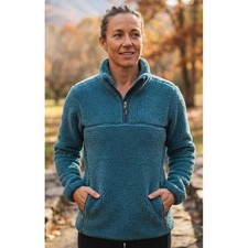 Eddie Bauer Pullover Sherpa Fleece 1/4 Zip Women's L Teal Blue Relaxed Cozy Warm
