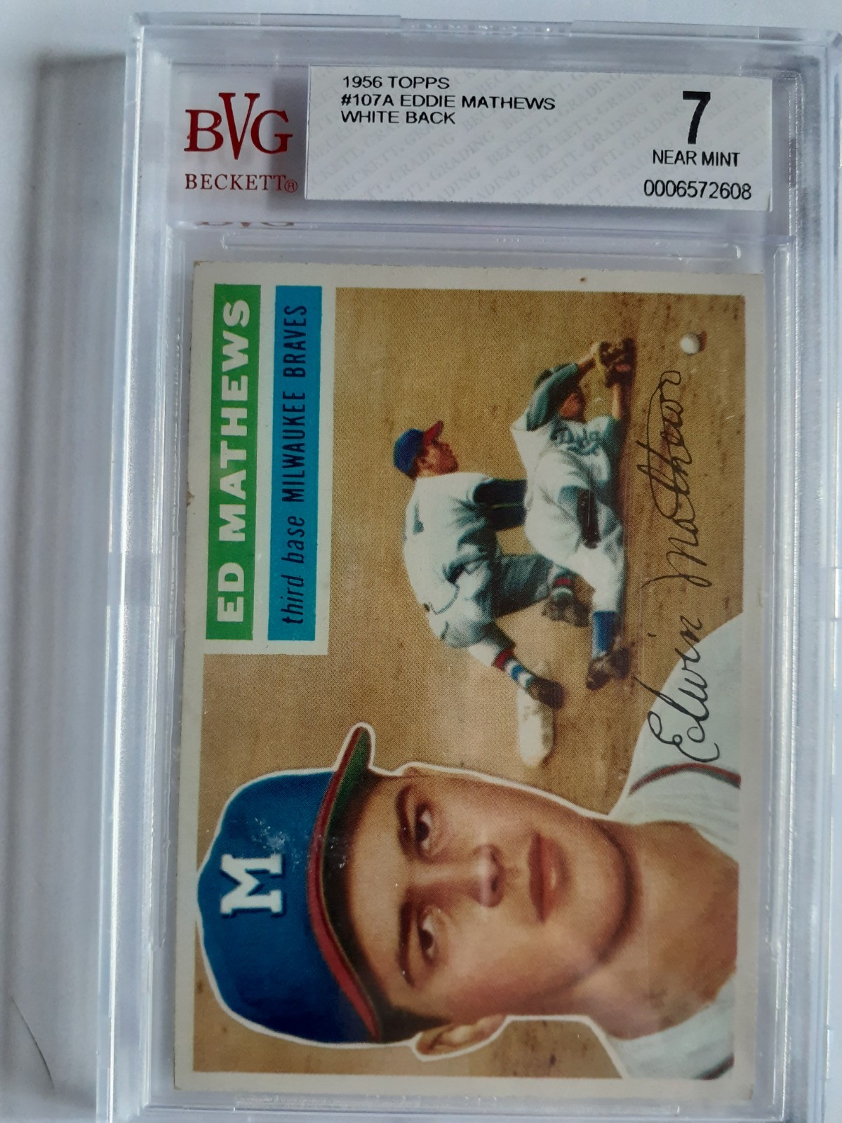 1956 Topps Eddie Mathews #107 BVG 7 White Back