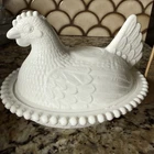 Vintage Indiana Glass Hen on a Nest 7" Beaded MILK GLASS WHITE